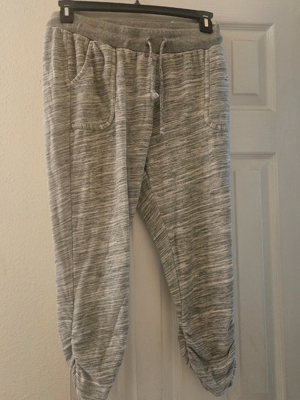 Grey white fleck Slouchy Comfy gym elastic drawstring waist pockets L - Picture 2 of 8